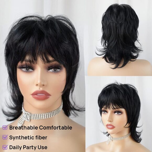 Short Black Mullet Wig Pixie Shaggy Layered Wolf Cut Curly Wig Cosplay Costume - Picture 3 of 9